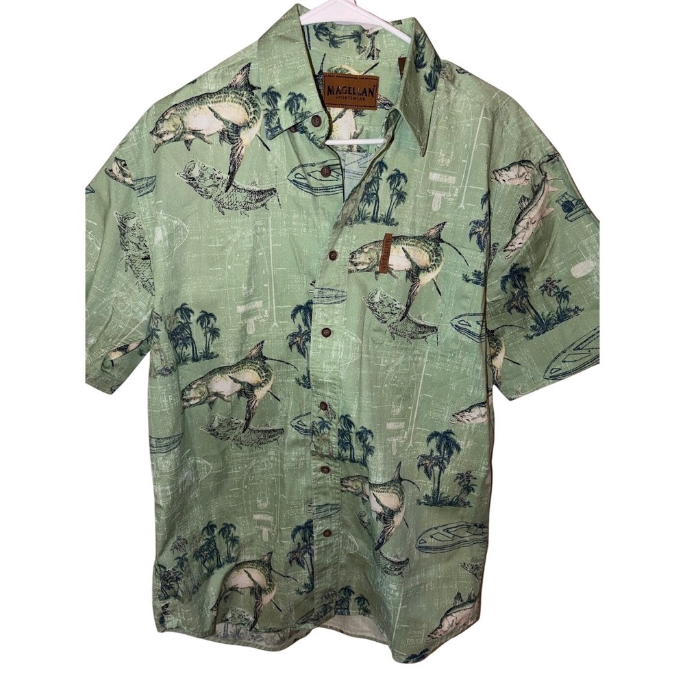 Magellan Sportswear Mens Medium Green Fishing Nautical Print Button Down Shirt